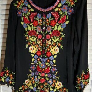 John Mark Black blouse with multi-color embroidery